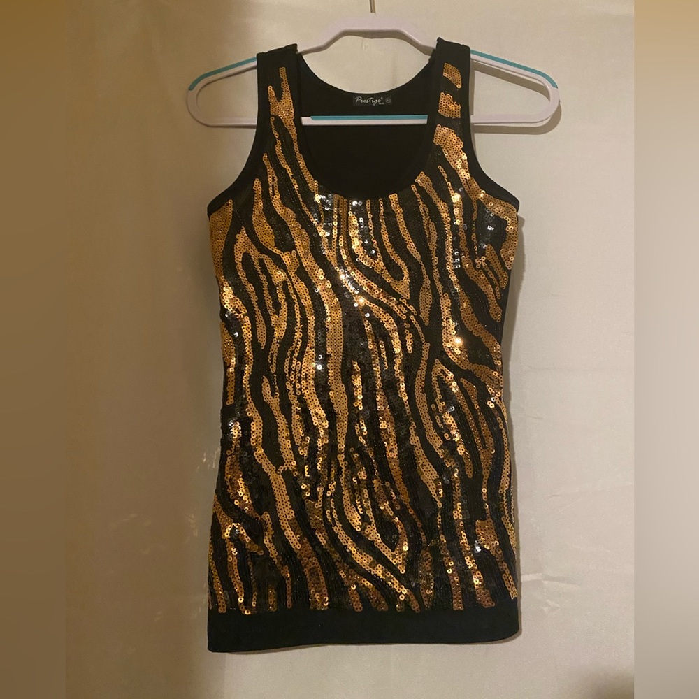 Prestige tank with shimmering black and gold sequins. Medium. Like new.